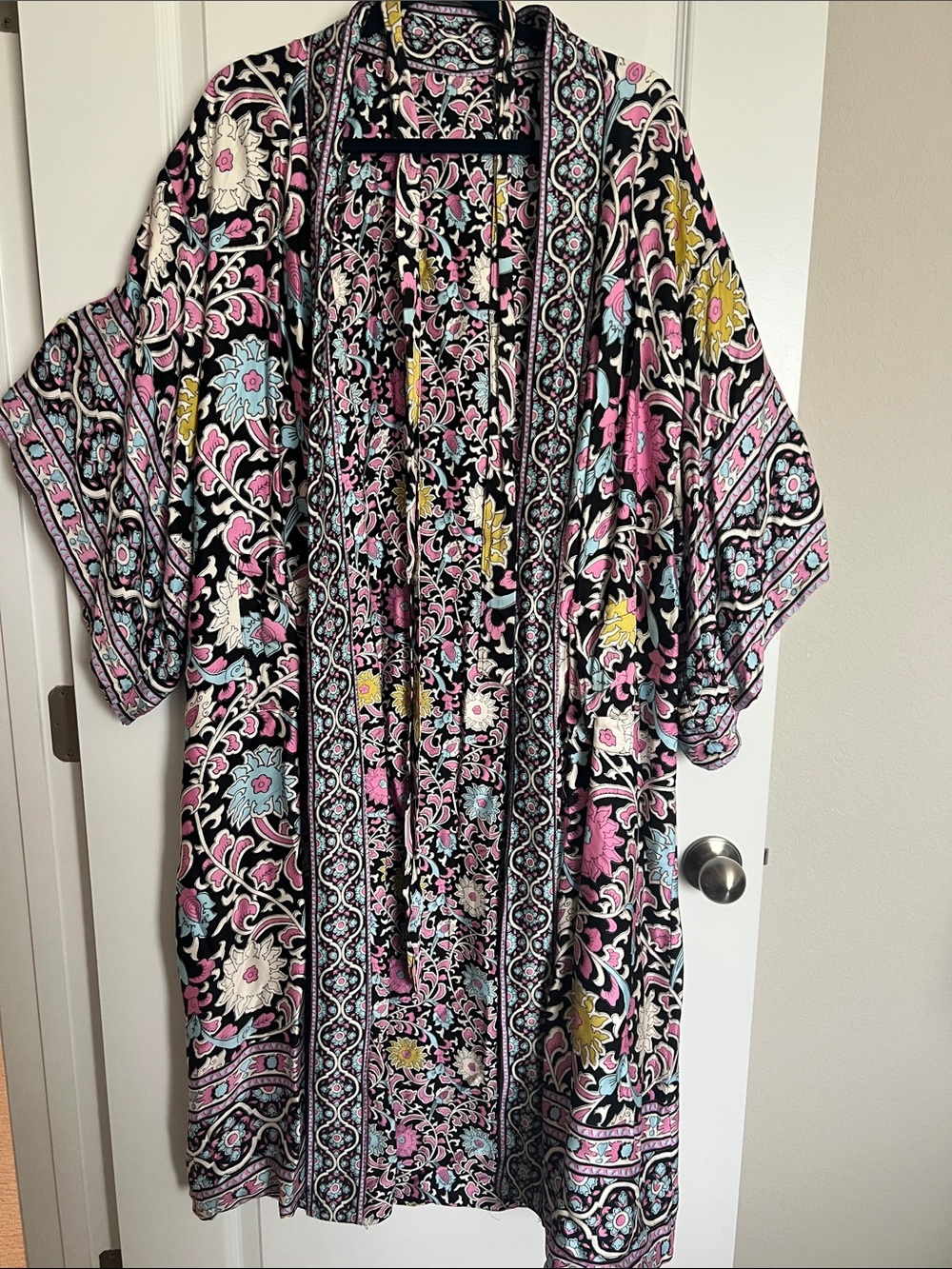 Floral Reversible Boho Kimono Cardigan - Black with Pink, Blue & Yellow